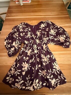 Free People Long Sleeve Floral Mini Dress in Deep Plum and Cream